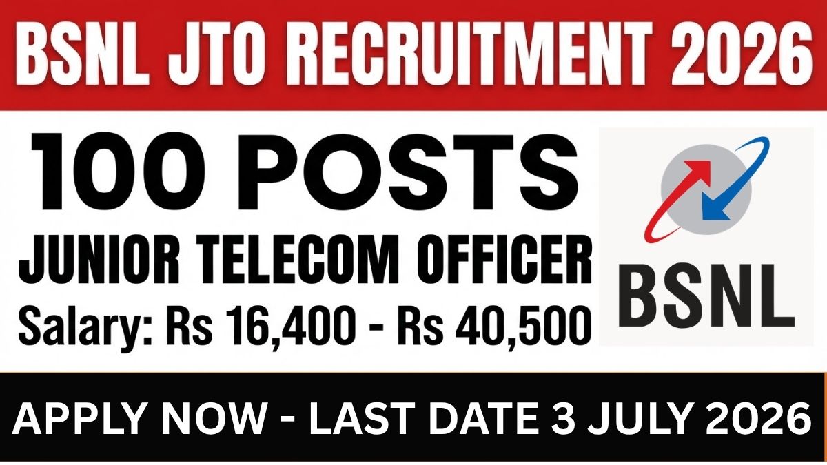 BSNL Junior Telecom Officer JTO recruitment 2026 notification for 100 posts. Eligibility, salary Rs 16400-40500, application dates, exam pattern, selection process and how to apply online.