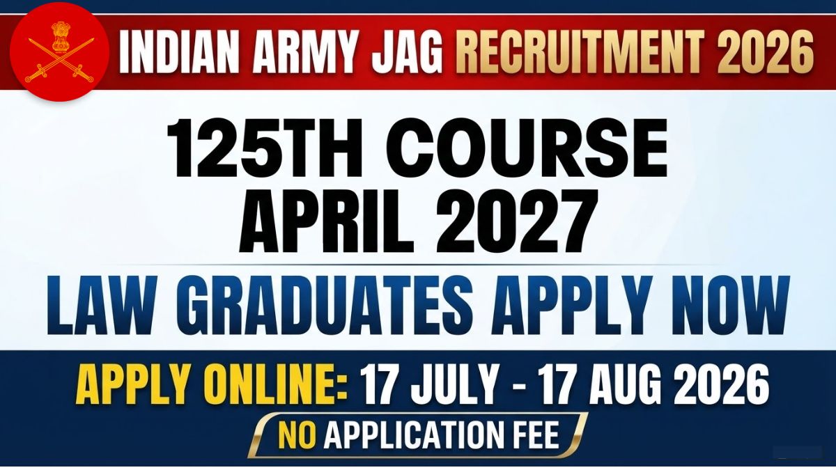 Apply for Indian Army JAG 125th Course April 2027 recruitment. Law graduates can apply online from 17 July to 17 August 2026. No application fee, age limit 21-27 years. Complete details inside.