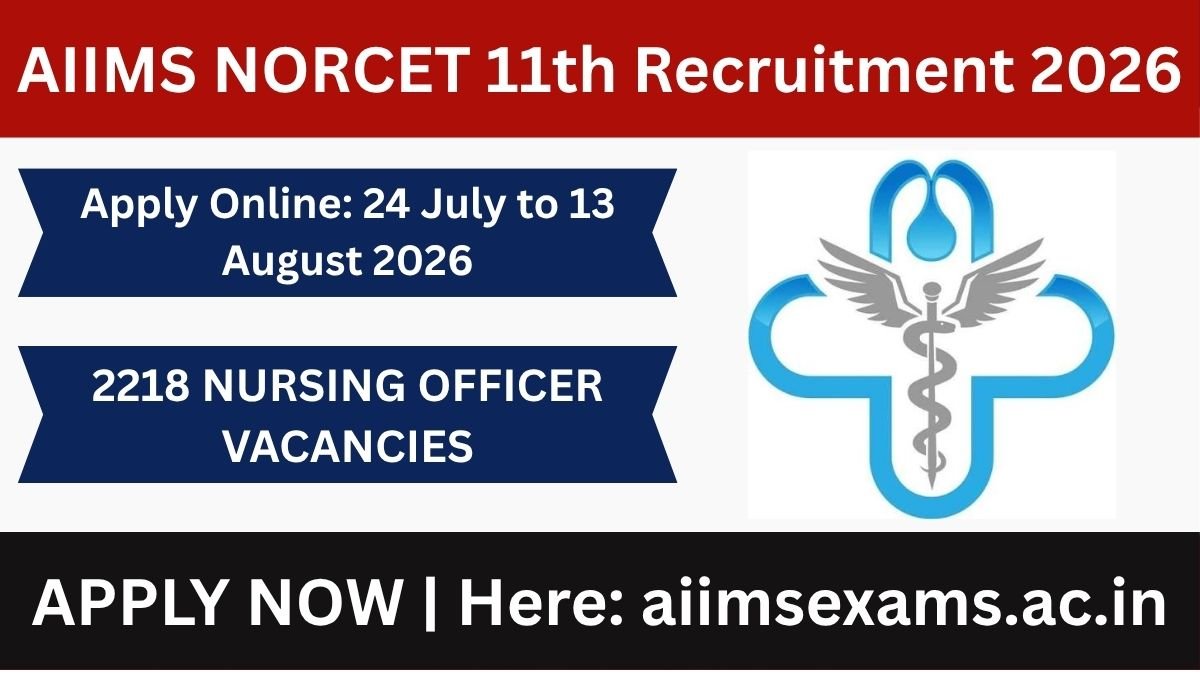 AIIMS NORCET 11th Recruitment 2026 notification is out for 2218 Nursing Officer posts. Apply online from 24 July to 13 August 2026. Check eligibility, exam pattern, salary and selection process here.