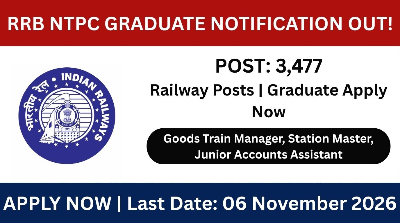 RRB NTPC Graduate Level 06/2026 Recruitment 2026 is out for 3,477 posts. Check vacancy, eligibility, exam pattern, salary, and apply online before 06 November 2026.